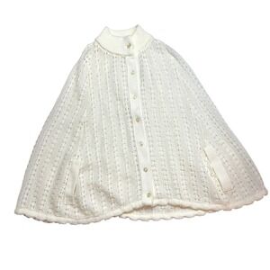 Vintage 70s Cream Knit Cape Sweater Coat Button Front Poncho Style